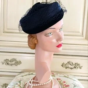 STUNNING VINTAGE 1950S RICH BLACK VELVET PILLBOX HAT WITH NETTING, UNION MADE! Vintage | Accessories | Stunning Vintage 95s Rich Black  main image 3